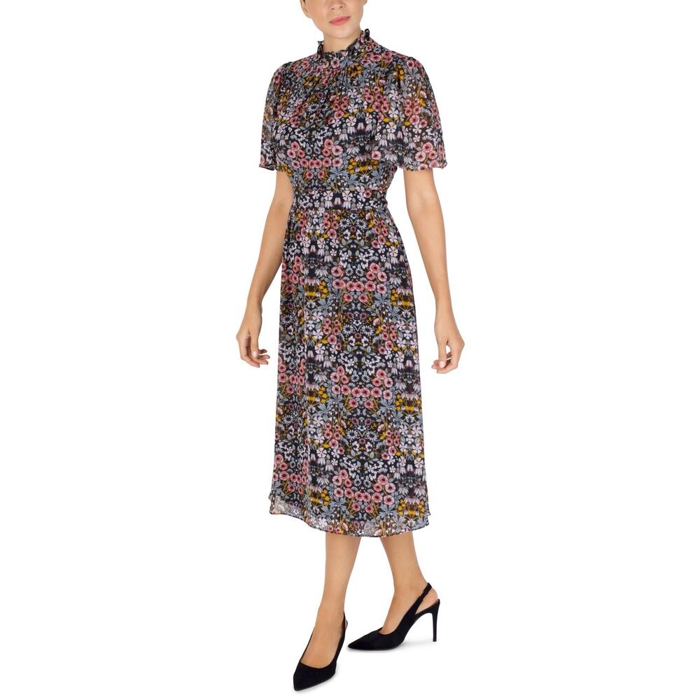 NEW Julia Jordan Floral Ruffle Mock Neck Midi Dress Size 2 Short Flutter Sleeve